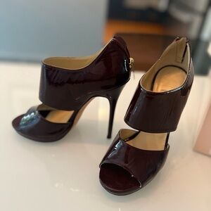 Jimmy Choo patent leather burgundy open toe pumps